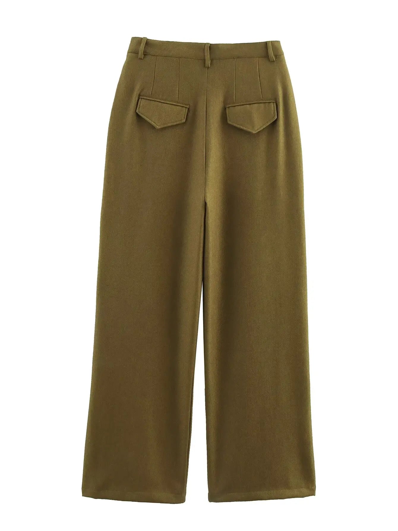 Olive Green Pleated Pants - Mid-Rise Waist Pocket Loose Casual Trousers