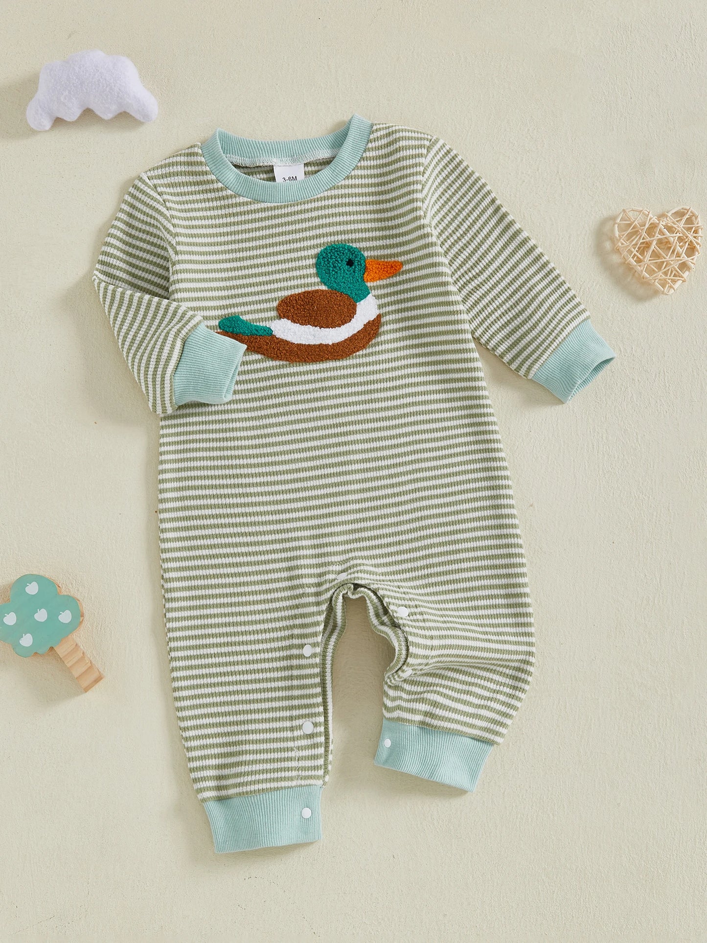 Baby Boys Striped Romper with Duck Embroidery - Long Sleeve Autumn Jumpsuit (0-18M)