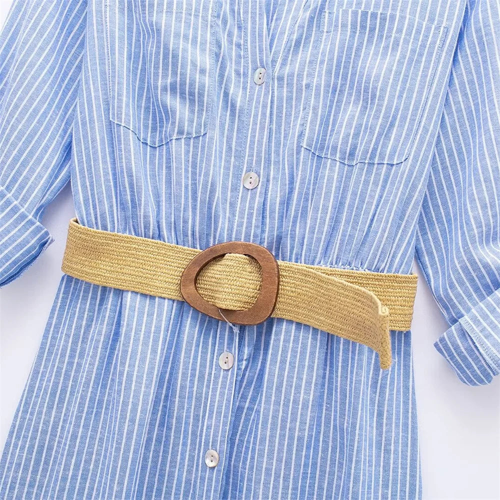 Women's Temperament Yellow Linen Belt Shirt Dress