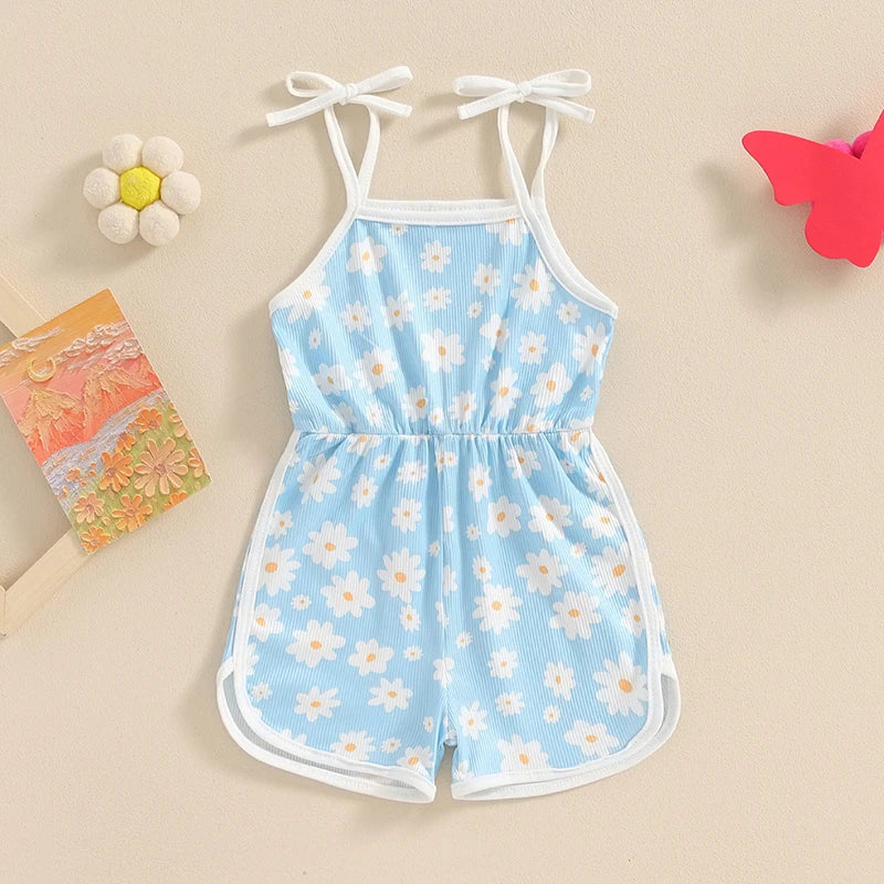 0-5Y  Kids Girls Summer Jumpsuit Shorts 4 Colours Sleeveless Square Neck Floral Print Romper Playsuits