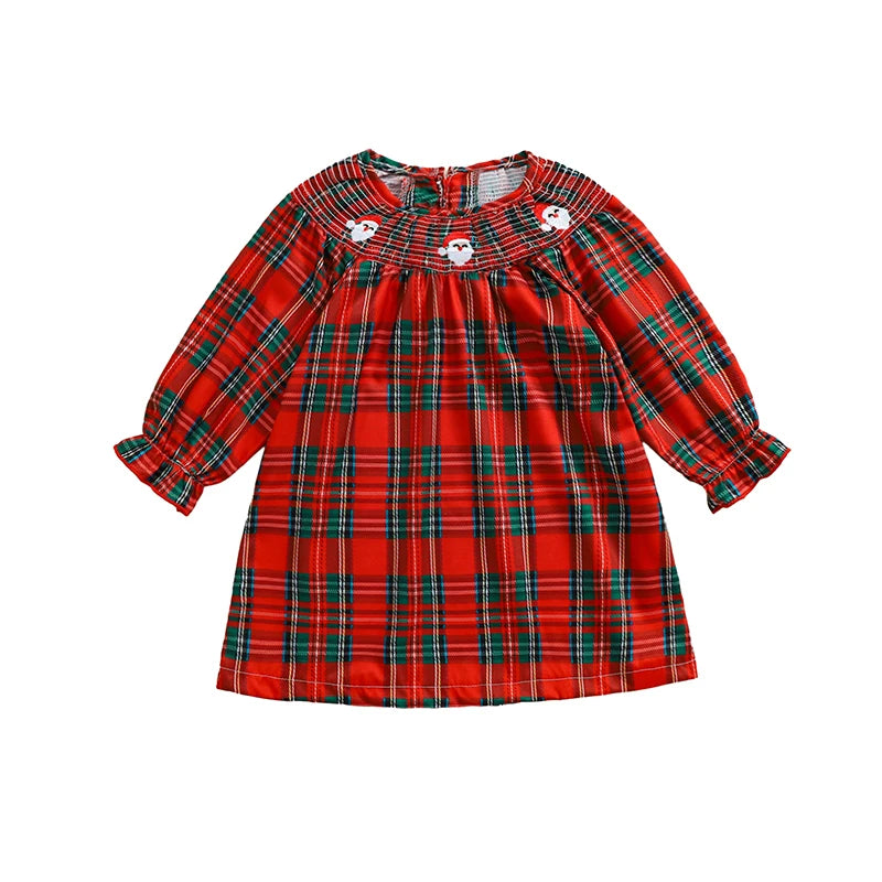 Christmas Santa Embroidery Plaid A-Line Dress - Girls Long Sleeve Festive Dress