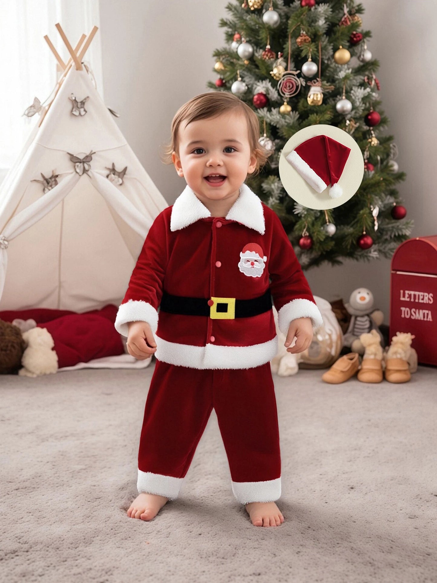 Christmas Santa Costume Set - Kids Lapel Button Down Top & Pants Outfit