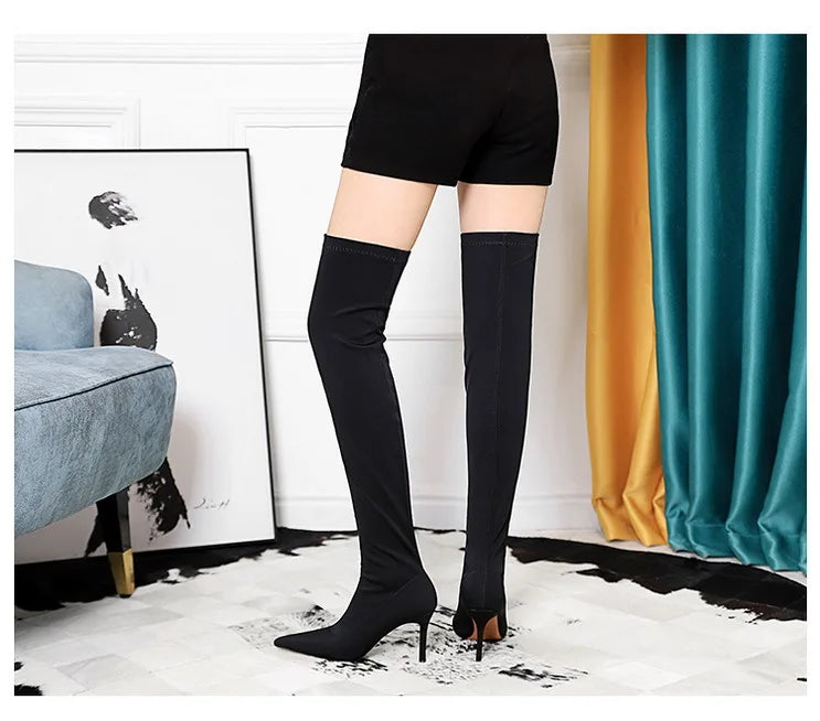 Satin Over-the-Knee Boots - Pointed Toe High Heel Elastic Autumn Winter Boots