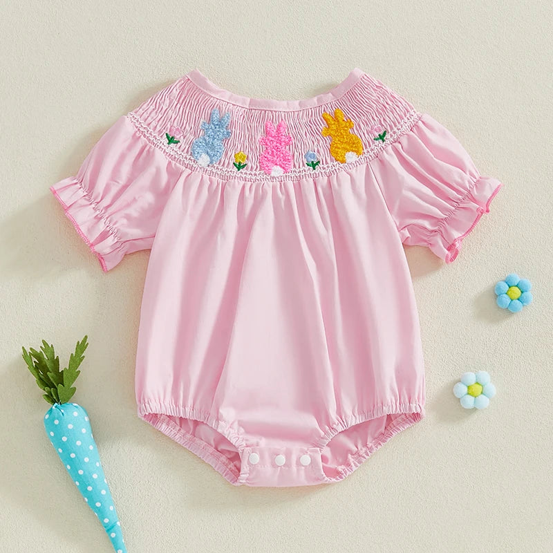 Baby Girls Easter Romper - Ruffled Sleeve Rabbit Embroidery Smocked Jumpsuit
