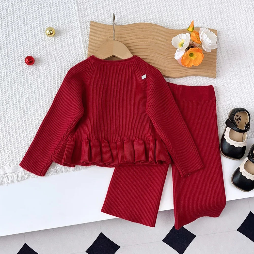 Christmas Red Teddy Bear Knitted Sweater and Pants Set - Girls Winter Outfit