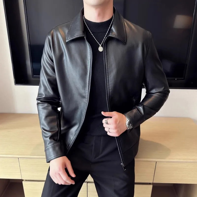 Men's Turn Down Collar PU Leather Jacket