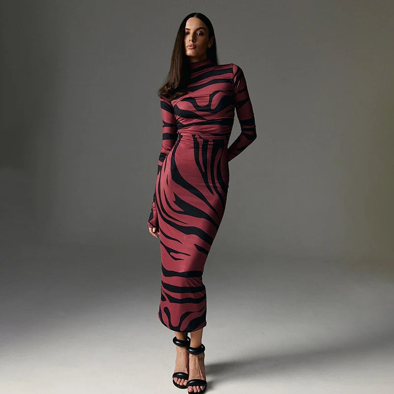 Women's Leopard Print Maxi Long Sleeve Gown Dress