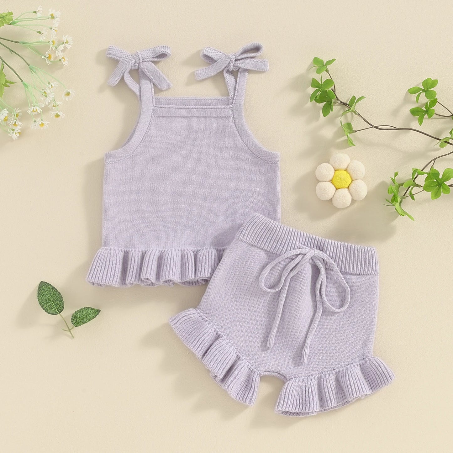 0-18M Infant Baby Girls Knit Clothes Sets - Solid Sleeveless Cami Tops with Elastic Waist Shorts 2Pcs Set