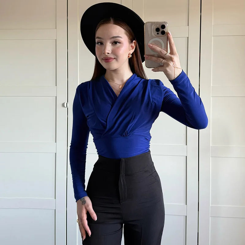 Women's Cross-Neck Slim Long Sleeve Elegant Ruched Top