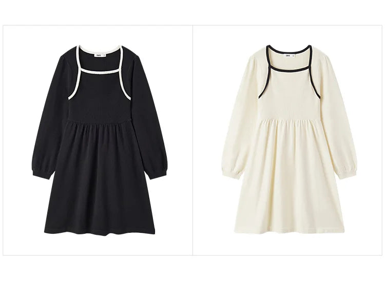 Women's Color Block Knit Dress - Square Neck French Style Slim Fit Winter 2025