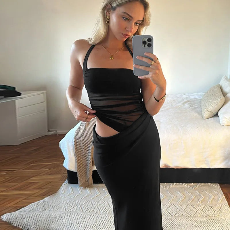 Women's Elegant Halter Mesh Sheer Cut Out Maxi Dress - Party Long Dress Outfit  Asymmetrical Ruched Gown Summer Dress