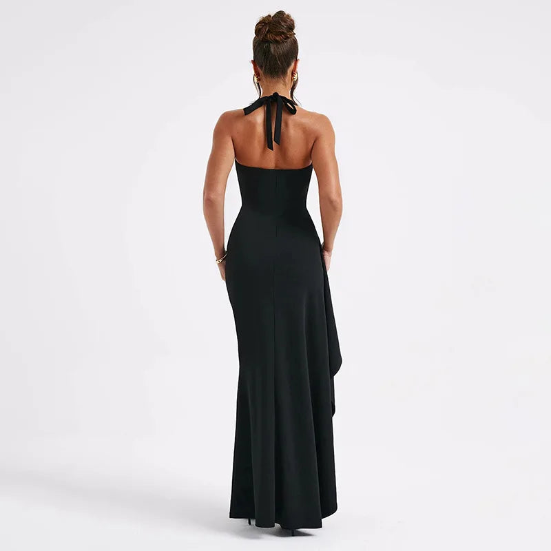 Women's Halter V Neck Split Long Backless Maxi Dress