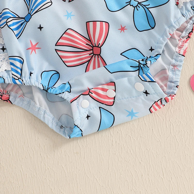 2pcs Baby Girls Independence Days Romper 0-18M Lace Flutter Sleeve Bow Embroidery Layered Hem Jumpsuit Headband