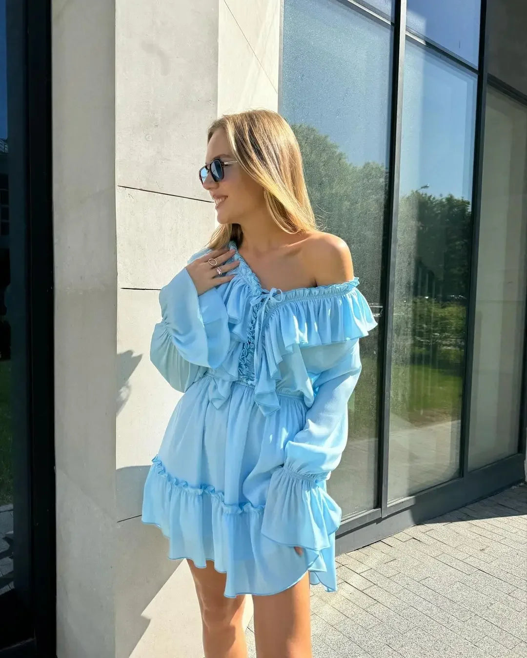 Women's Ruffled V-Neck Mini Patchwork Long Sleeve Elegant Bandage High Waist Lace-Up Dress