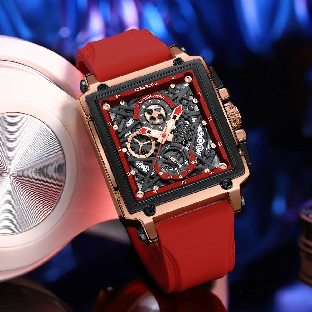 Men's Sports Watch - Large Dial Rectangular Design with Chronograph & Auto Date