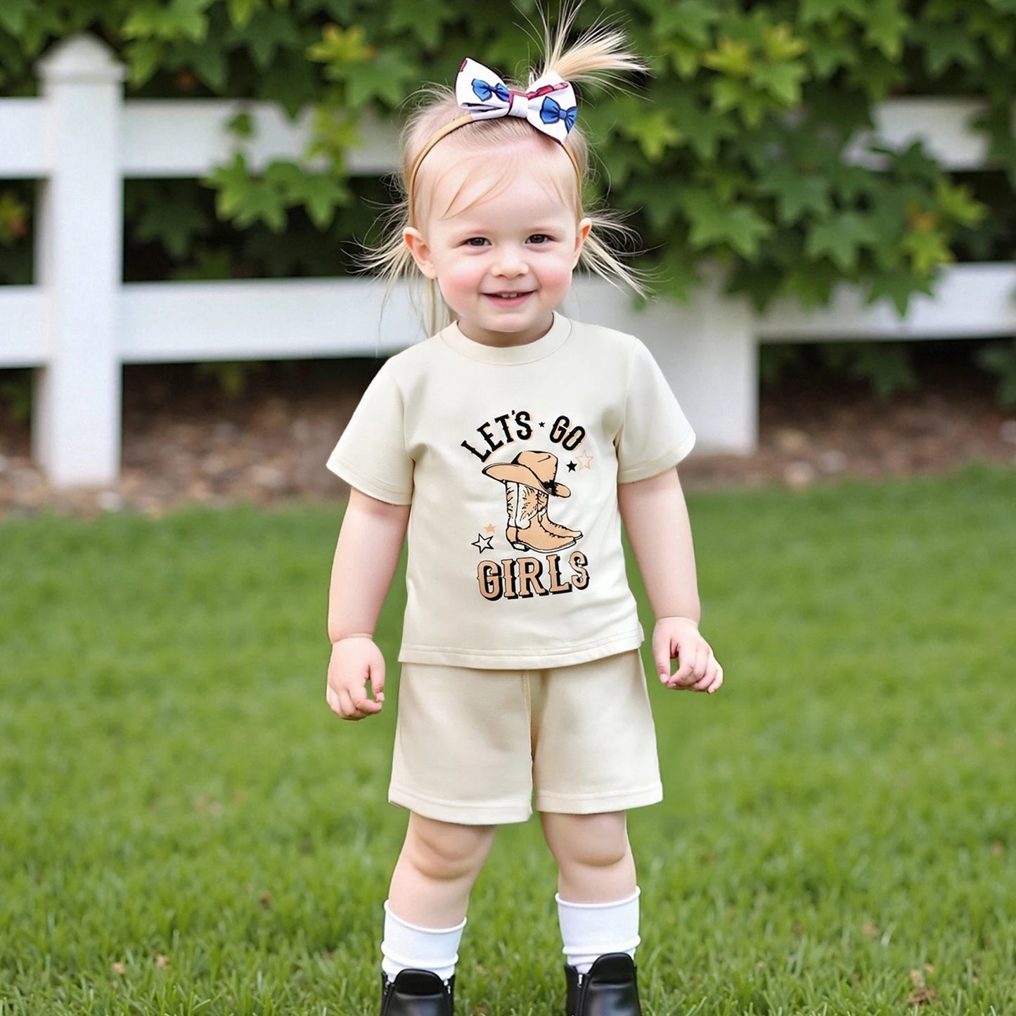 0-4Y Kids Girls Clothes Set Short Sleeve Crew Neck Letters Boots Print T-shirt with Shorts