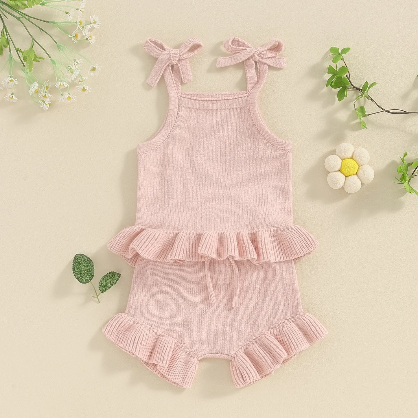 0-18M Infant Baby Girls Knit Clothes Sets - Solid Sleeveless Cami Tops with Elastic Waist Shorts 2Pcs Set