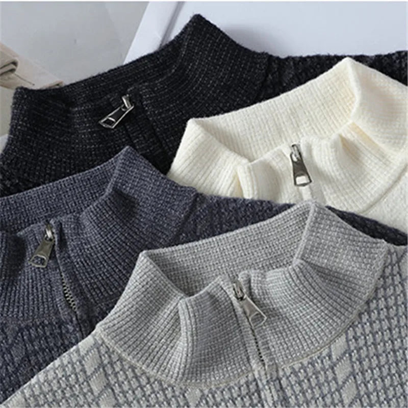 Men's Stand Collar Knitted Sweater - Loose Fit Solid Colour Pullover for Autumn Winter