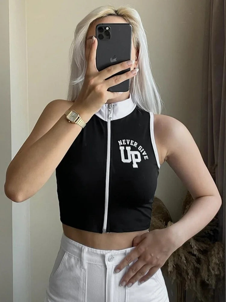 Women Don't Give Up Letters Print  Sleeveless Contrast Colour Crop Top