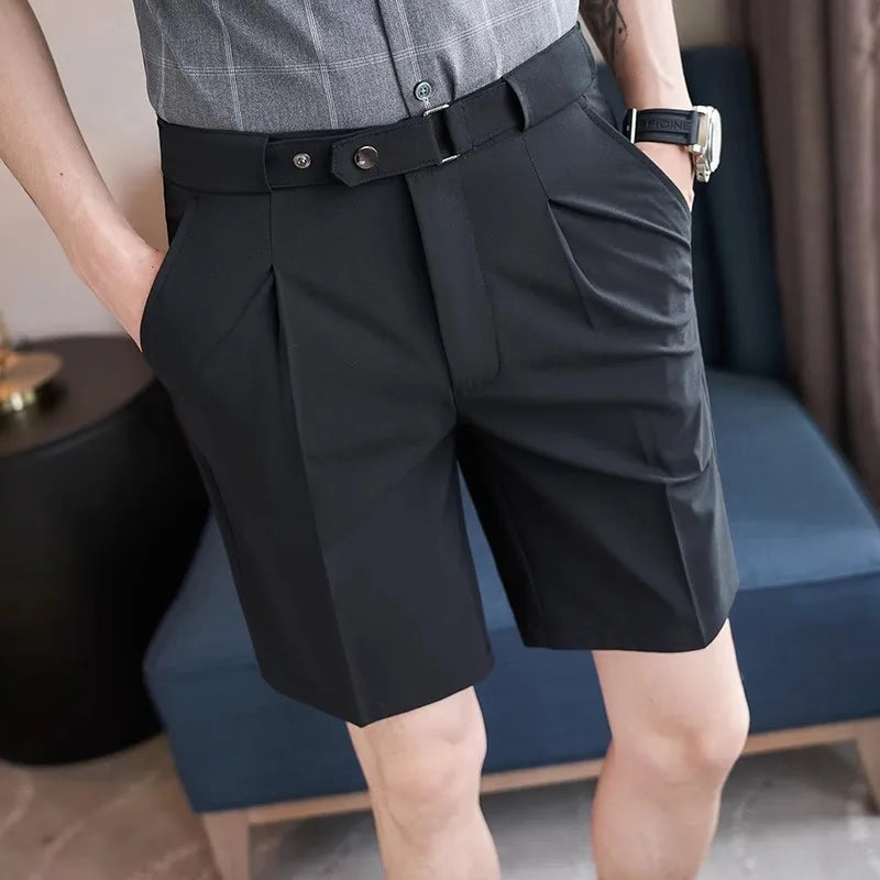 Men's Summer British Style Straight Slim Casual Comfortable Elastic Waist Knee Length Shorts