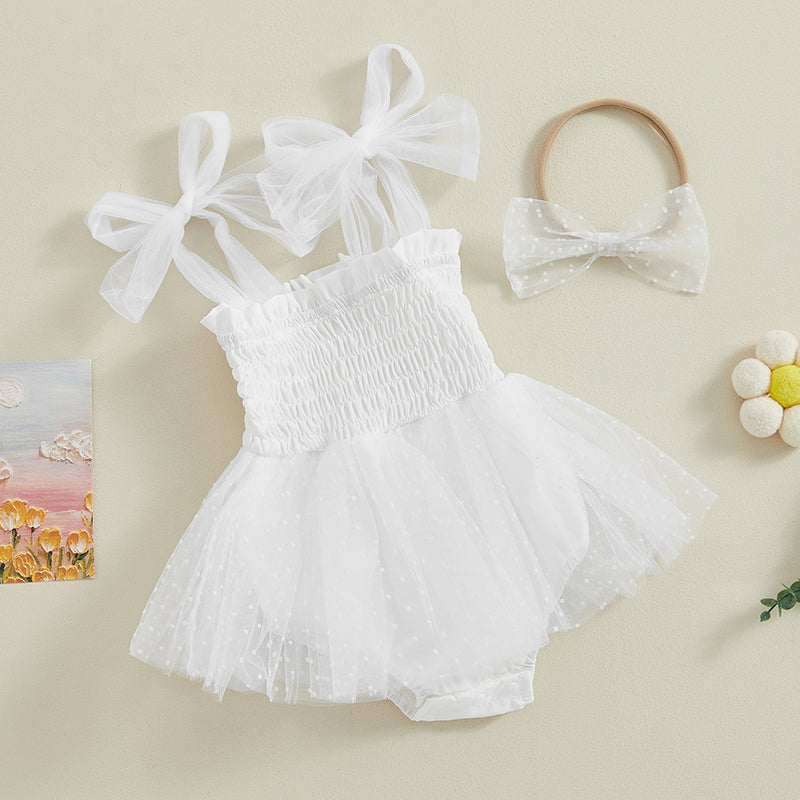 Baby Girls Princess Romper Dress Set - Sleeveless Dot Mesh Tulle with Hairband