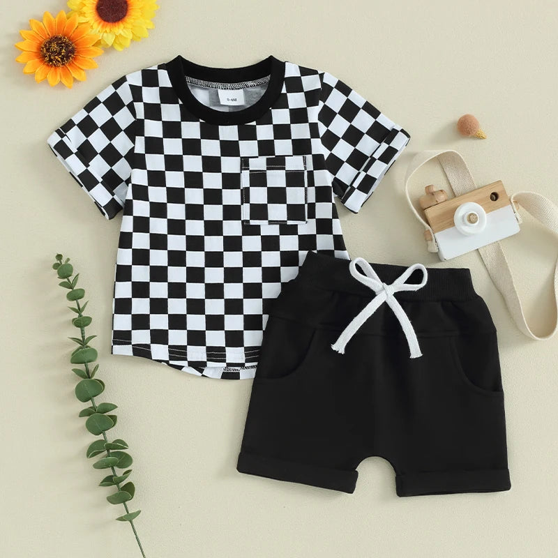 2pcs Toddler Baby Boys Clothes Set 0-3Y Short Sleeve Plaid Print Pocket T-shirt with Shorts Summer Outfit