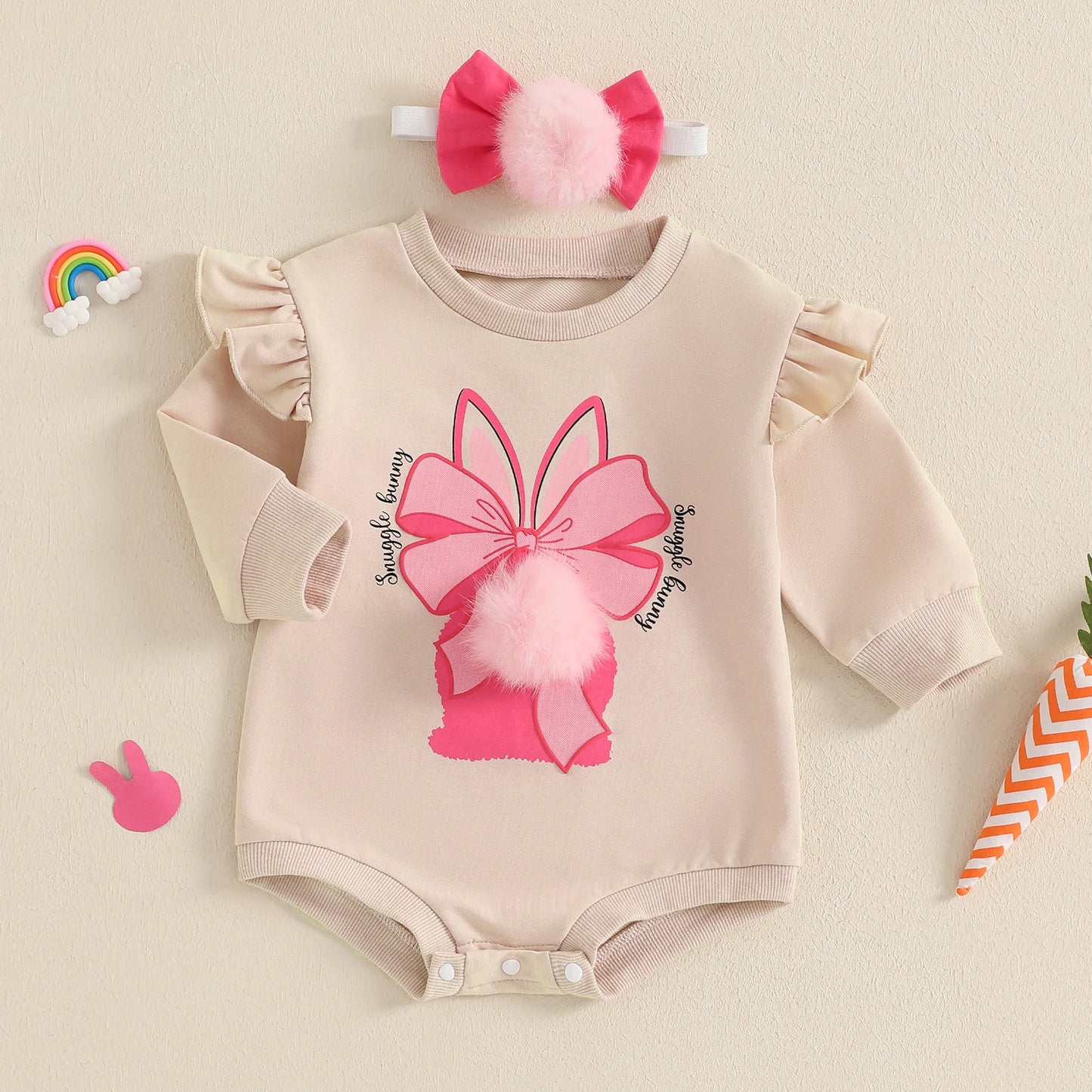 0-24M Baby Girls Easter Spring Romper Long Sleeve Rabbit Bow Print Jumpsuits with Headband