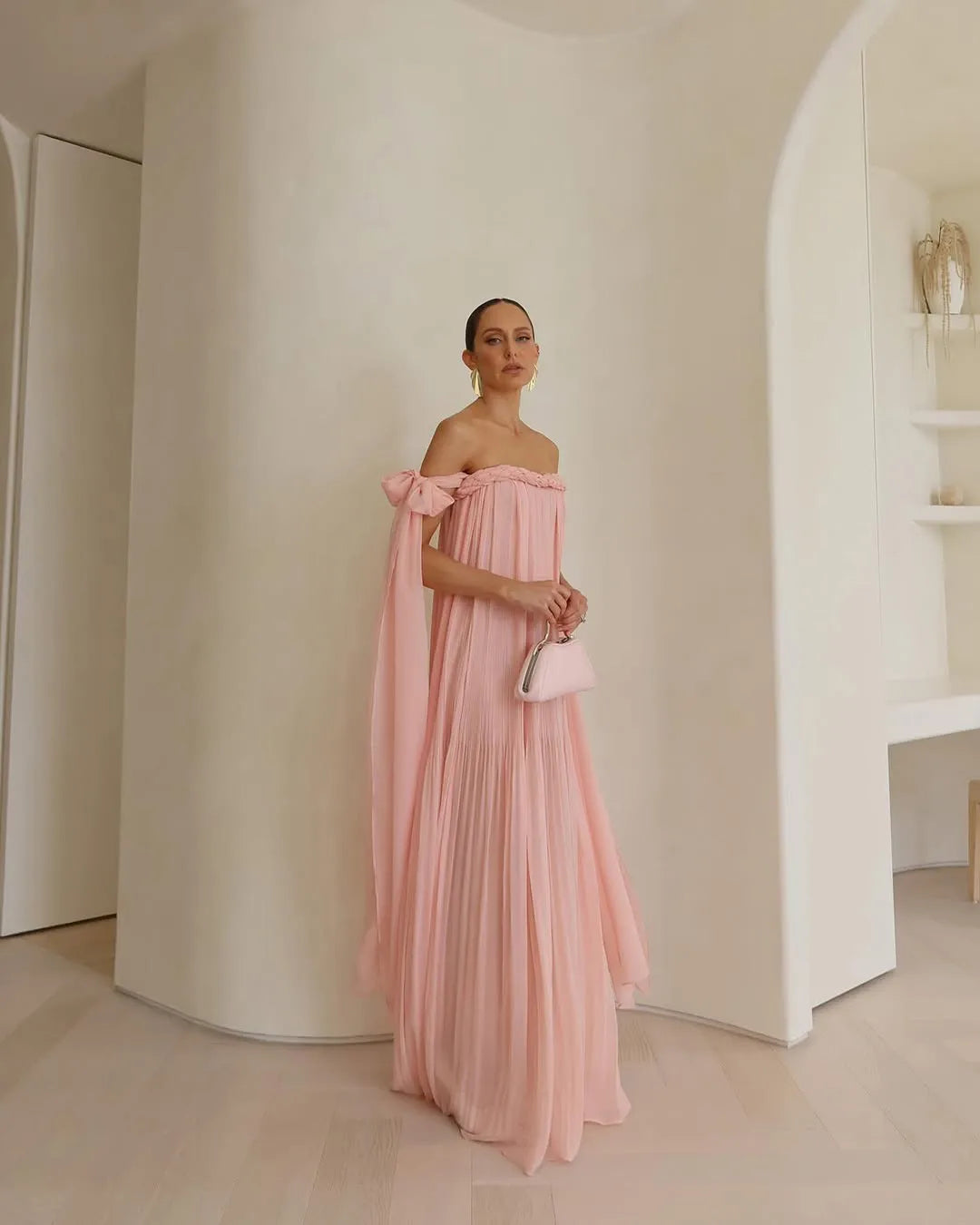 Off-Shoulder Braided Tie Maxi Dress - Pleated A-Line Summer Beach Dress