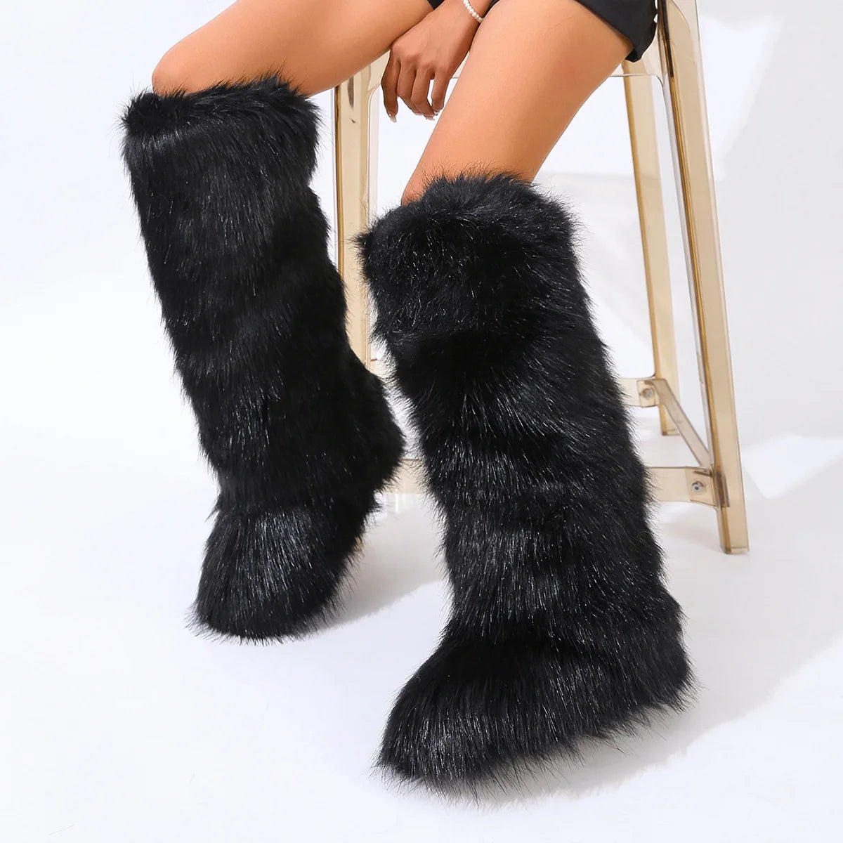 Women's Winter Thigh High Fluffy Plush Knee High Fur Faux Boots