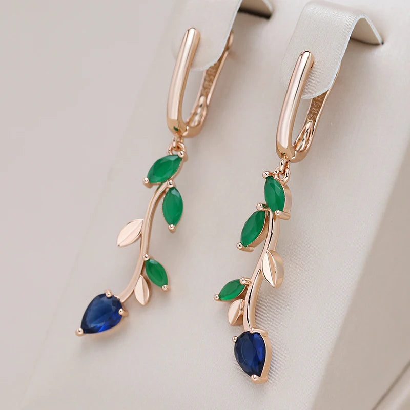 Women's 585 Rose Gold With Shiny Green Natural Zircon Long Leaf Drop Earrings