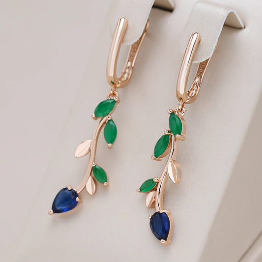 Women's 585 Rose Gold With Shiny Green Natural Zircon Long Leaf Drop Earrings