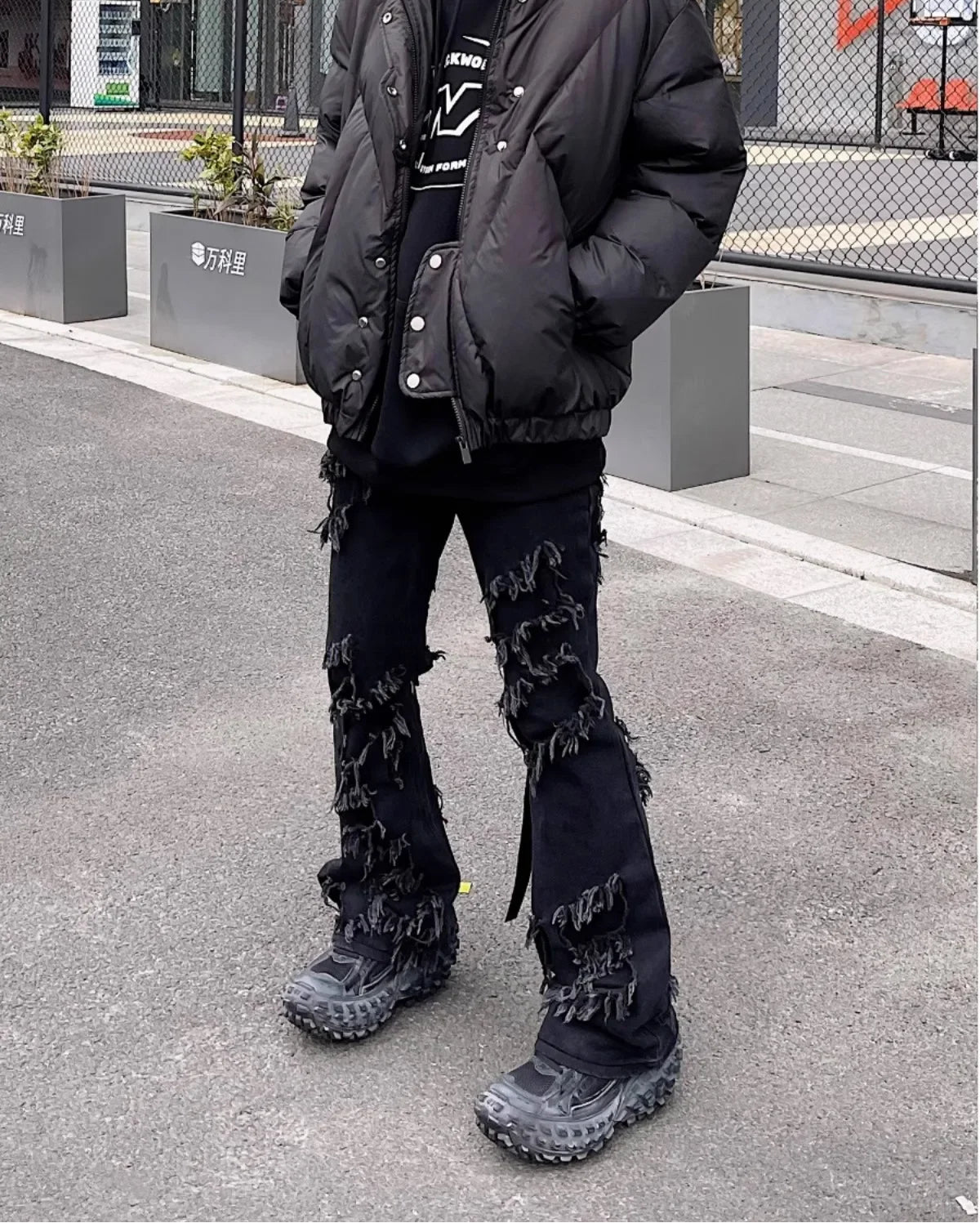 Men's Damage ripped Gothic flare pants skinny Jeans