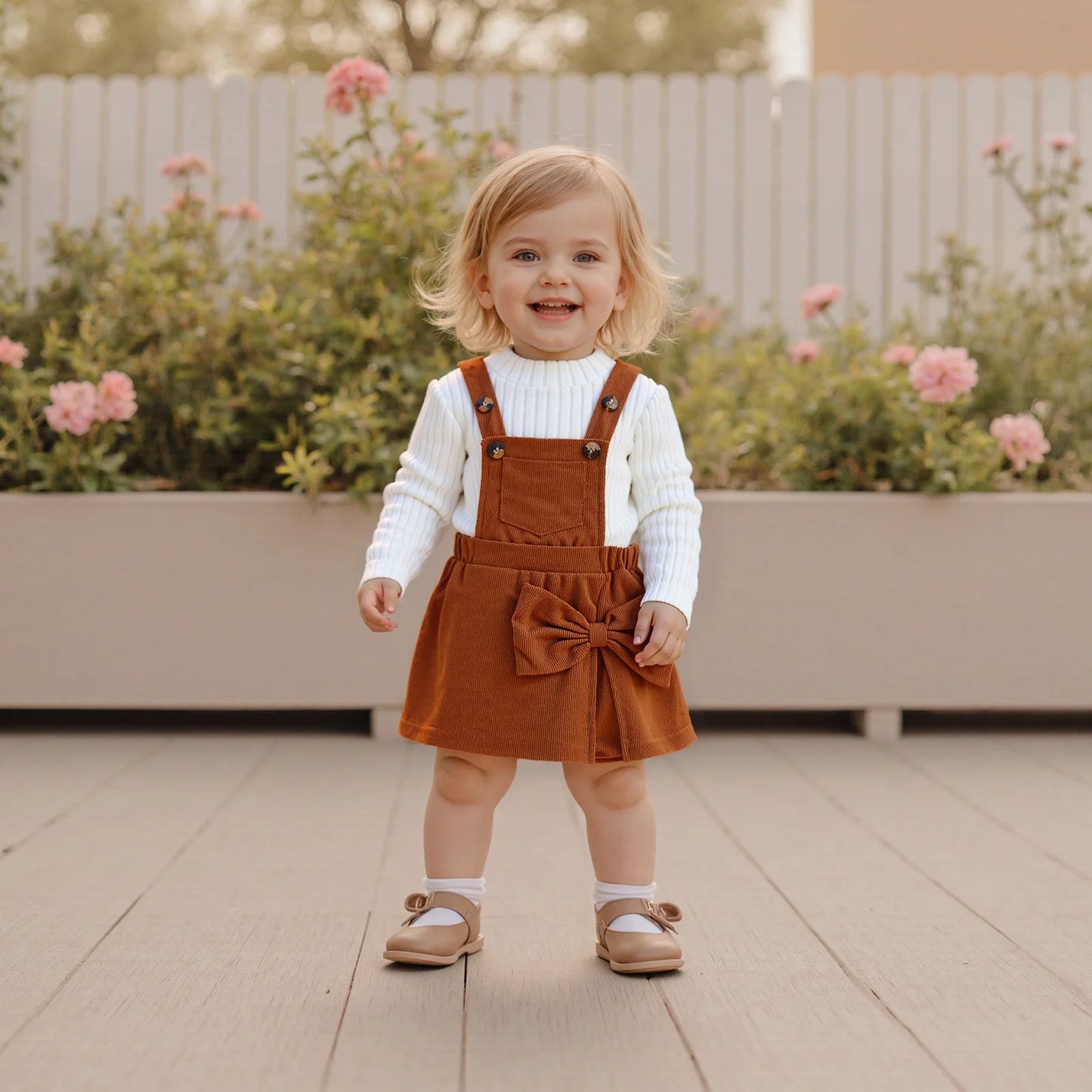 Baby Girls Ribbed Outfit Set - Long Sleeve Crew Neck Top & Bow Overall Skort (0-5Y)