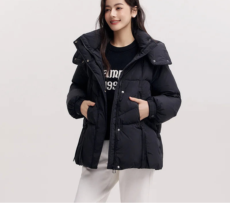 Mid-Length Loose Fit Hooded Down Jacket - Women's Textured Winter Coat