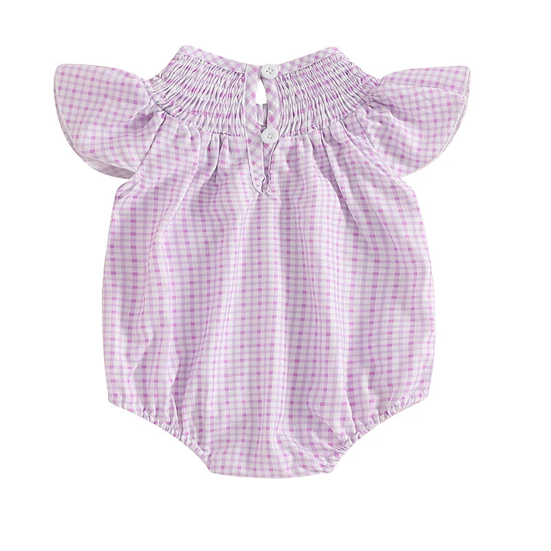 Baby Girls Easter Romper - Rabbit Embroidery Plaid Smocked Jumpsuit