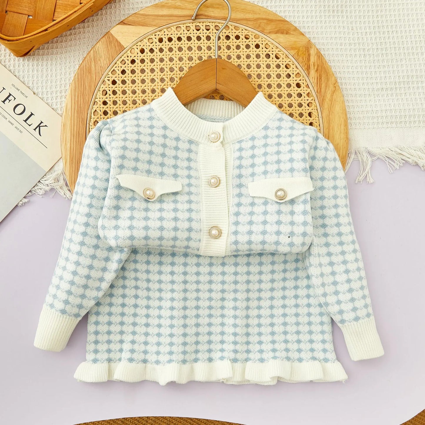 Girls Winter Knitted Cardigan & Skirt Set – Checkered Plaid