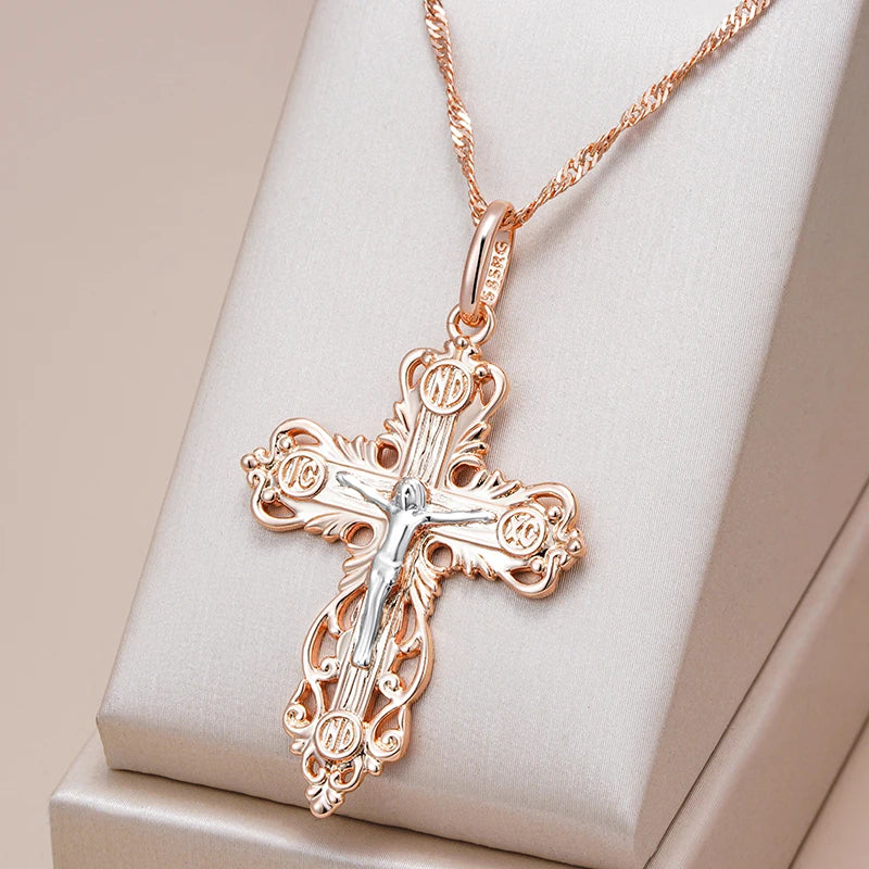 Unisex 585 Rose Gold Silver Orthodox Church Cross Pendant Necklace