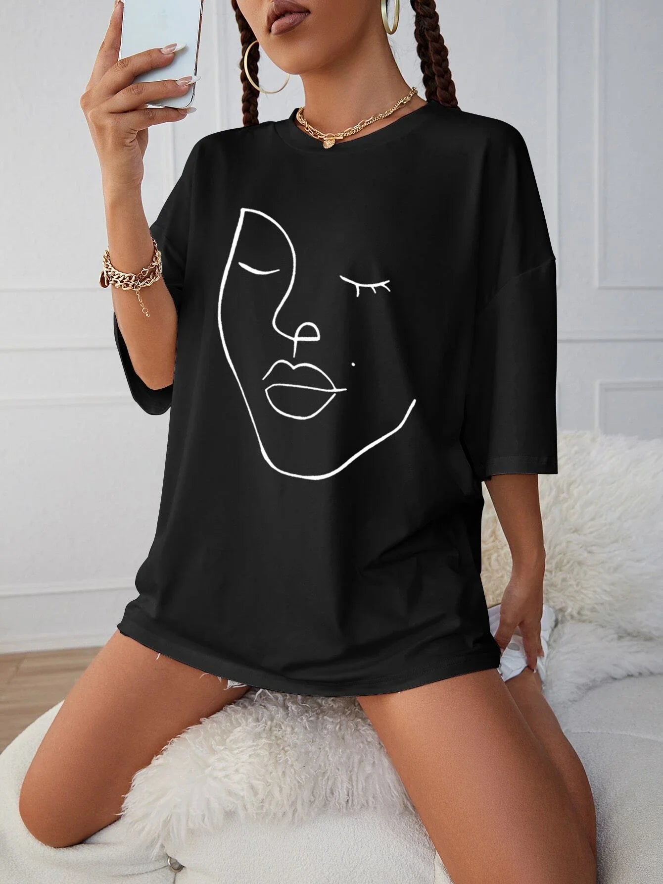 Simple Line Pattern Women's Face Printing Cotton Short Sleeve T-Shirt