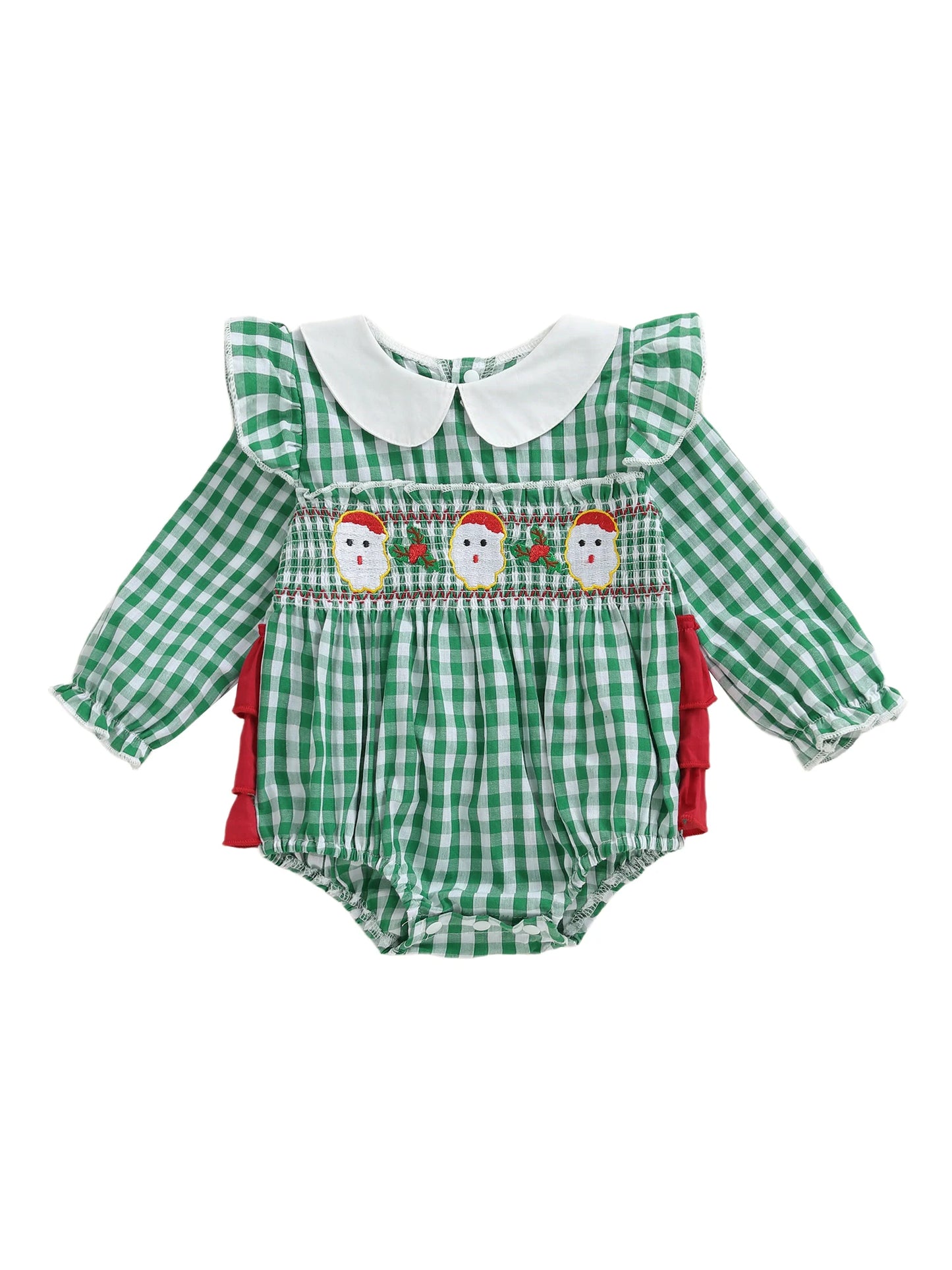 Baby Girls Christmas Romper - Plaid Santa Embroidery Long Sleeve Jumpsuit