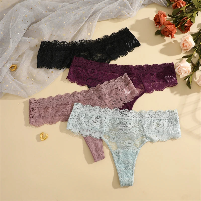 3Pcs Women's Lace Hollow Out Underwear Floral Print Panties Low-Waist Thong Breathable G-string Lingerie
