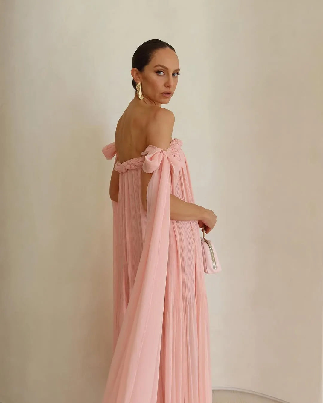 Off-Shoulder Braided Tie Maxi Dress - Pleated A-Line Summer Beach Dress
