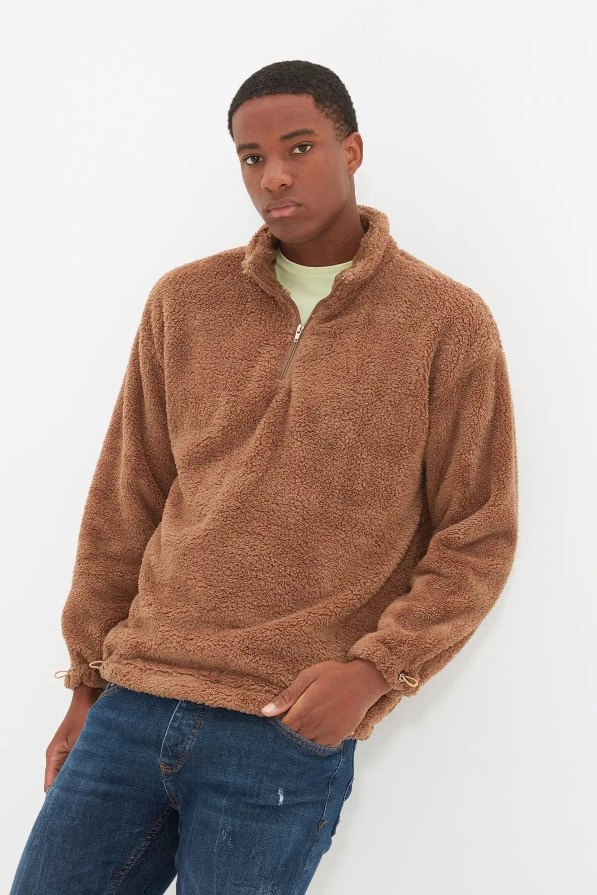 Men's Fabric Loose Plain Plush Standard Sleeve Zippered Standing Collar Sweatshirt