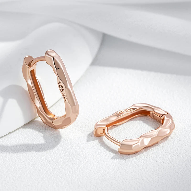 Rose Gold Rectangular Hoop Earrings - Simple Glossy Design for Women