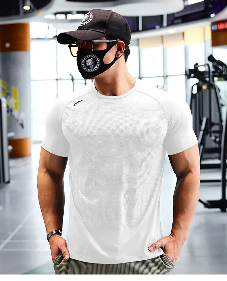 Men's Dry Fit Sport Short Sleeve Running Compression Sweatshirt Tight Sportswear Gym Fitness Elastic Shirts Top Rash Guard T-Shirt