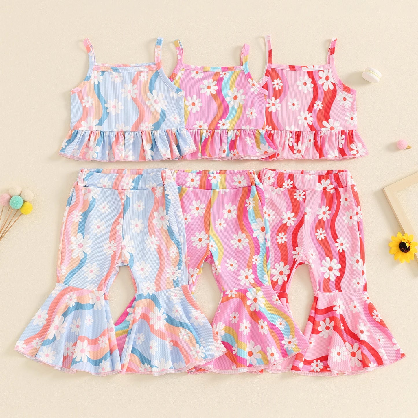 0-4Y Toddler Little Girls Summer Clothes Sets 2pcs Ruffles Sleeveless Wave Stripe Floral Print Ribbed Tank Flare Trousers