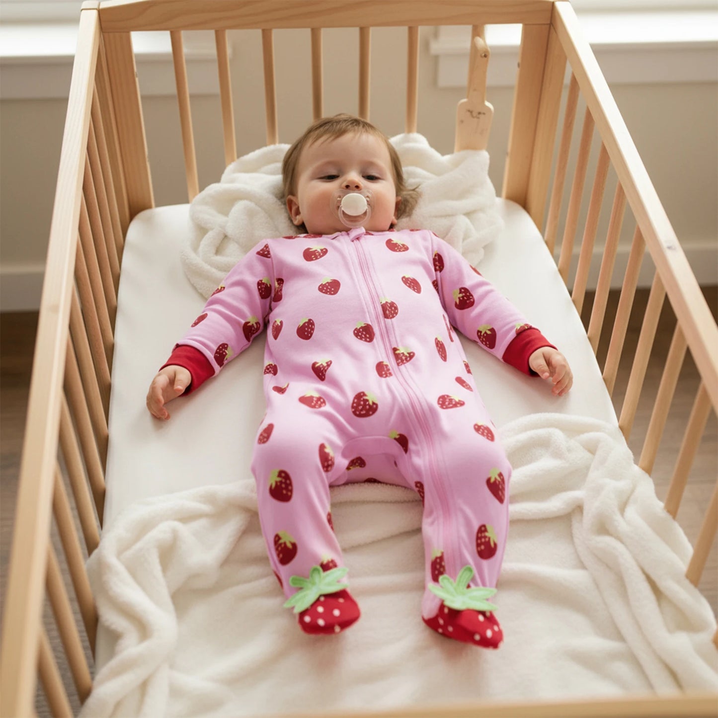 Baby Girls Boys Strawberry Print Romper - Long Sleeve Footed Jumpsuit 0-18M