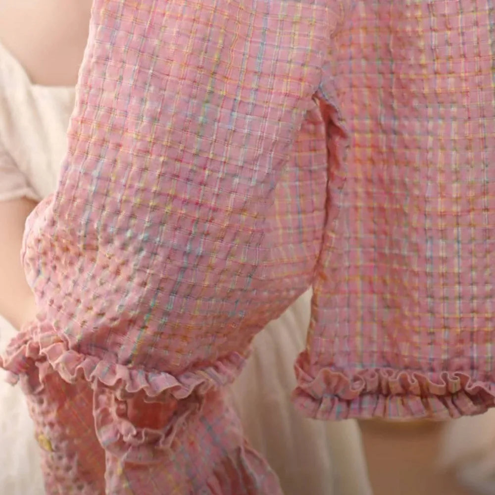 Girls' Pink Summer Outfit Set - Lace Plaid Tank Top with Wide Leg Pants