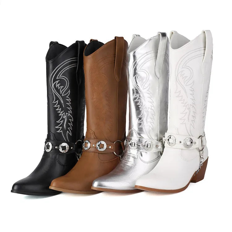 Women's Tapered Circular Metal Chain Chelsea Bohemian Pointed Leather Knee High Boots