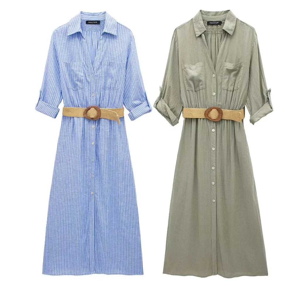 Women's Temperament Yellow Linen Belt Shirt Dress