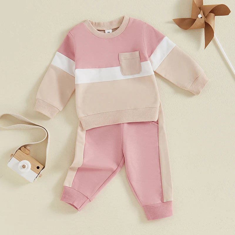 0-4Y Toddler Kids Boys Girls Fall Clothes Sets Contrast Long Sleeve Sweatshirt Tops and Pants Set